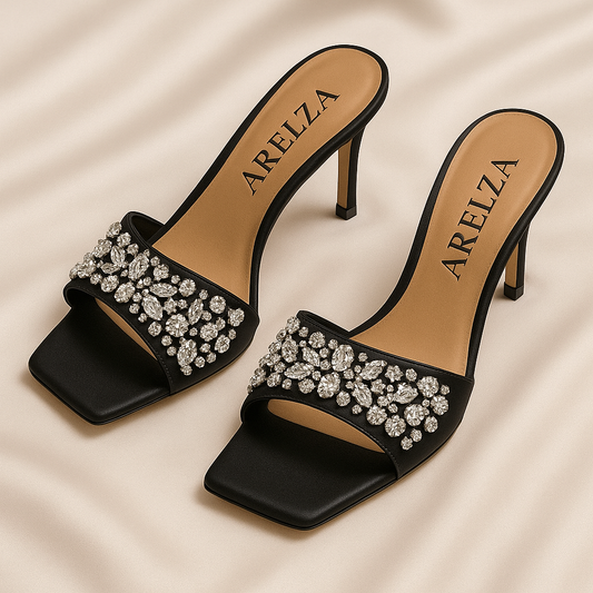 Black Satin Mule with Silver Crystals